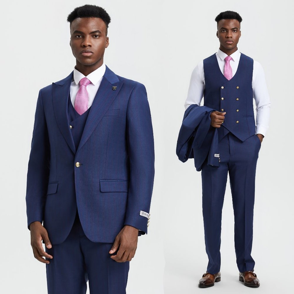 Stacy Adams 2-Tone Pinstriped 3pc Mens Suit, Royal Indigo